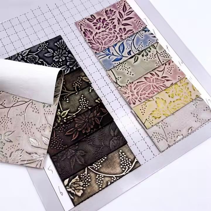 Stock Leather Fabric PU Leather Embossed Flowers Pattern Flat Backrest Soft Leather