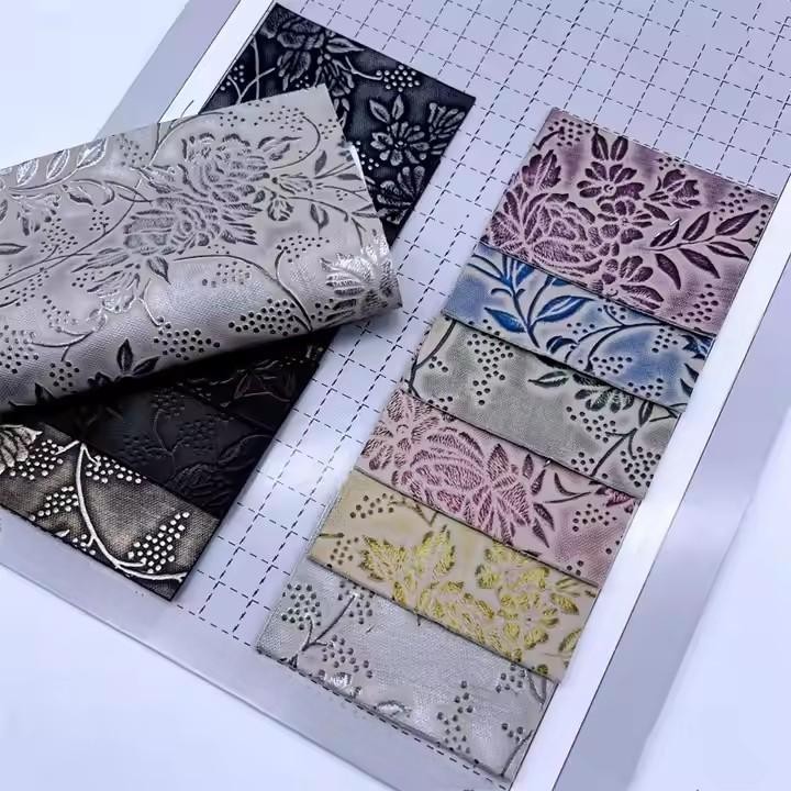 Stock Leather Fabric PU Leather Embossed Flowers Pattern Flat Backrest Soft Leather